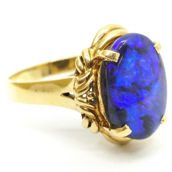 Cosmic Australian Black Opal Blue Ring 18K Gold Lightning Ridge Vintage 7 7/8 - Picture 2 of 13